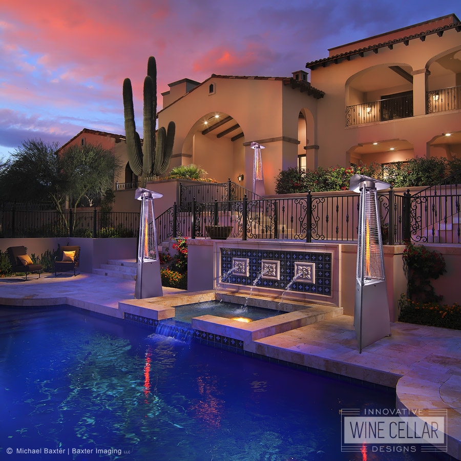 Ferrara Flame Outdoor Heater by poolside and pathways for AZ home.