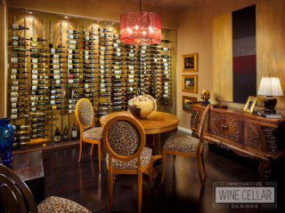 Contemporary glass wine cellar wall, custom design & install by Innovative Wine Cellar Designs.