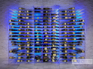 Modern metal wine storage rack setup with blue LED backlight accents.