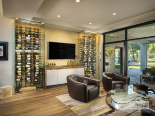 Contemporary glass dual temp wine cellar, custom design & install by Innovative Wine Cellar Designs.