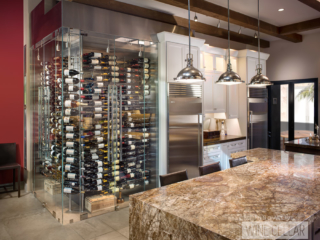 Contemporary corner kitchen glass wine cellar, custom design & install by Innovative Wine Cellar Designs.