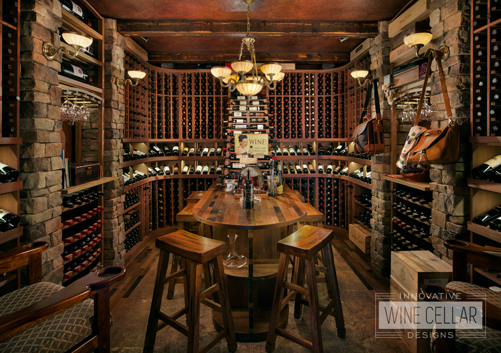 Reclaimed wine barrel & mahogany wine cellar, custom design & install by Innovative Wine Cellar Designs.