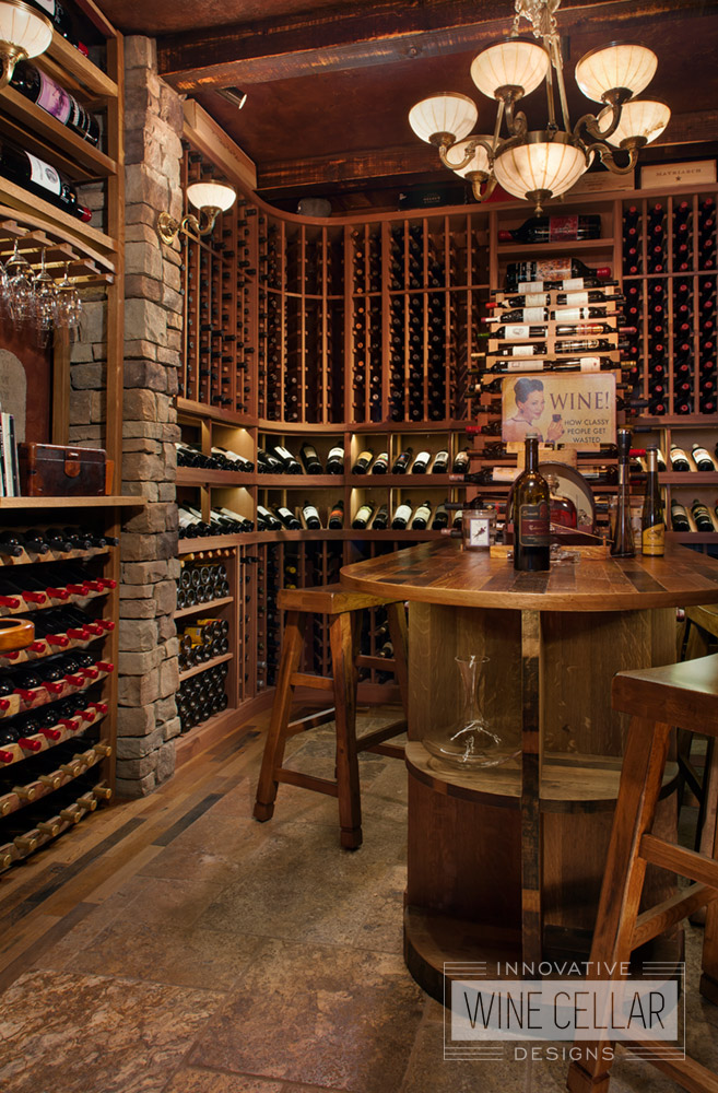 Reclaimed wine barrel & mahogany wine cellar, custom design & install by Innovative Wine Cellar Designs.