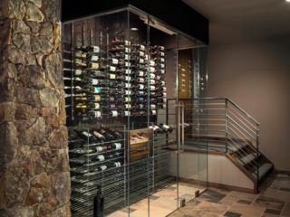 Contemporary wine cellar wall enclosed in glass doors feature floor and wall metal wine racking.