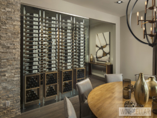 Glass wine room with metal and wood racking to match industrial contemporary decor.