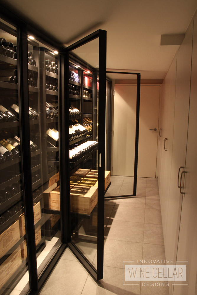 Transitional Style Custom Wine Cellar with Sliding Racks