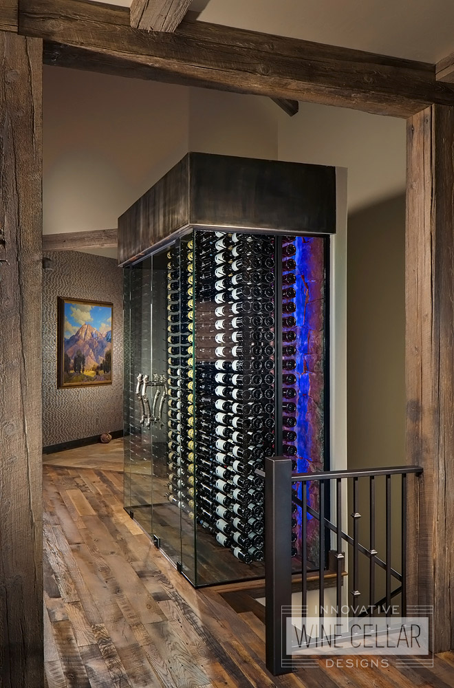 Transitional Style Wine Cellar with Blue LED Accent Lights