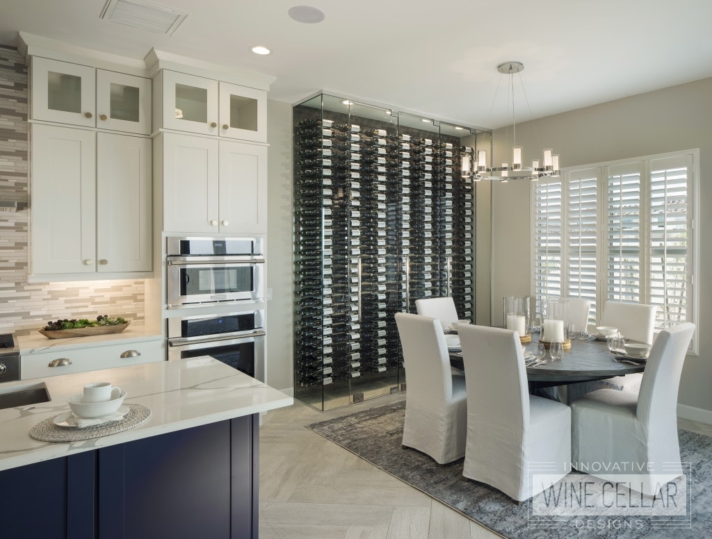 contemporary kitchen with glass wine wall