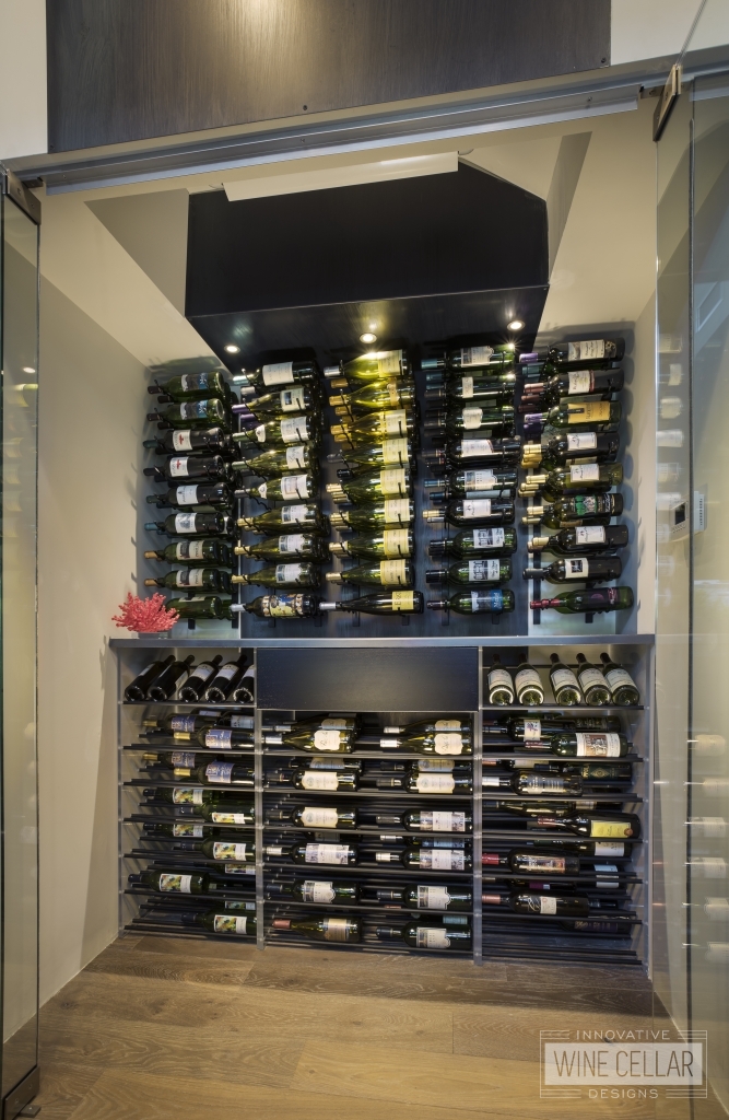 Contemporary refrigerated glass enclosed wine cellar