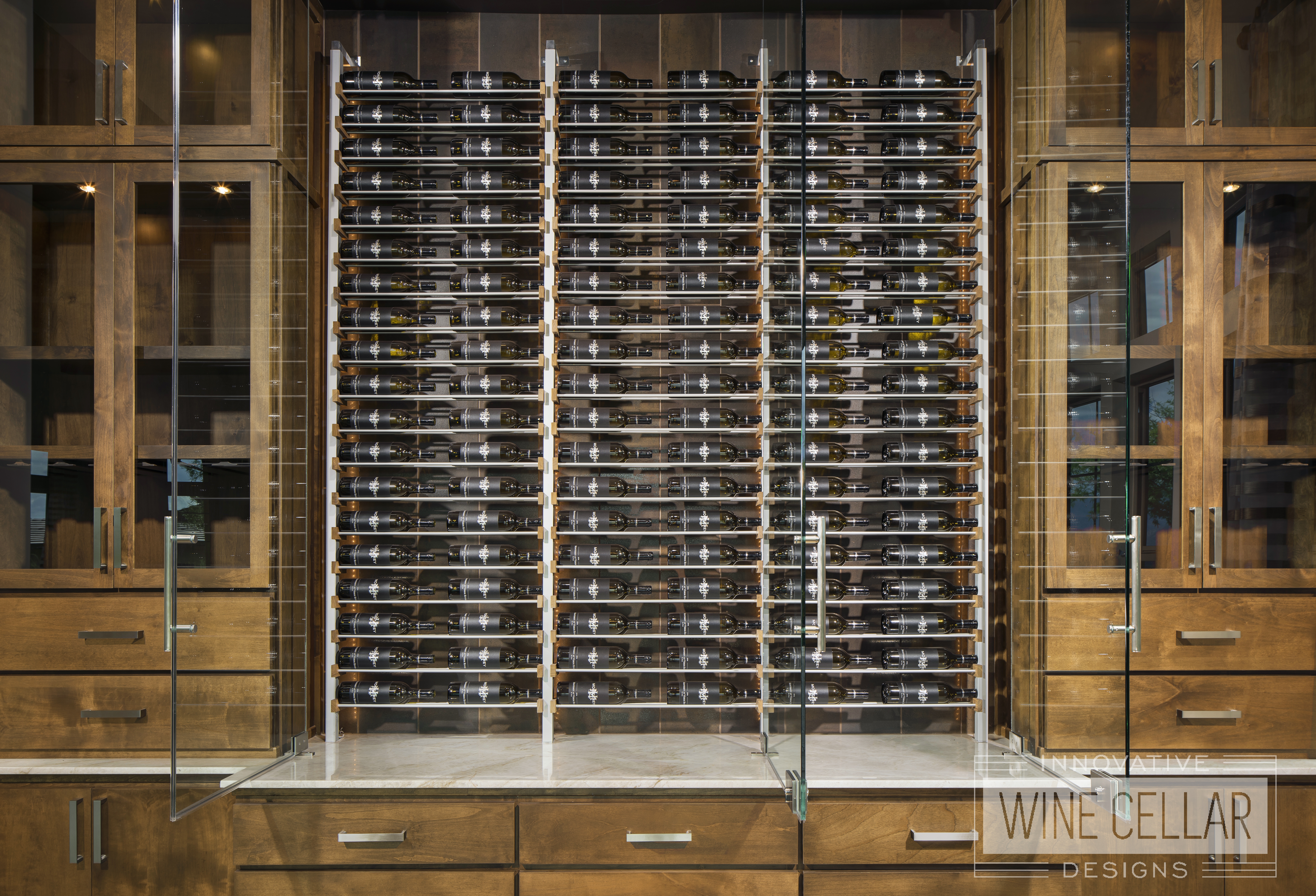 wine wall cabinets with open glass doors displaying wine